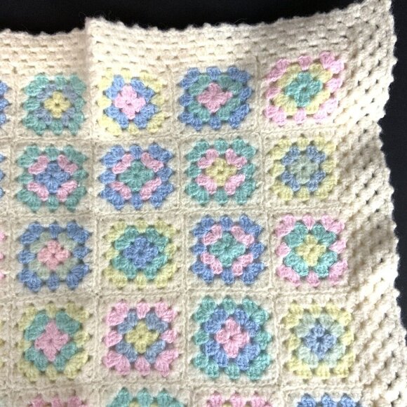 Handmade Crochet Granny Squares Throw Pillow Cover 17x14 Blue Pink Cream Pastel - Picture 3 of 7